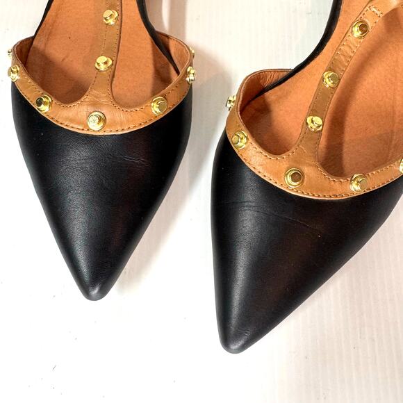 HALOGEN Olson Flats Women's 9.5 Studded T-Strap Black Gold Leather Edgy Workwear - Picture 5 of 10
